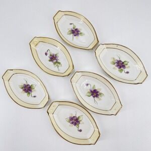 6 Antique Nippon Hand Painted Porcelain Nut Dish Butter Pat 4" x 2.25" Violets